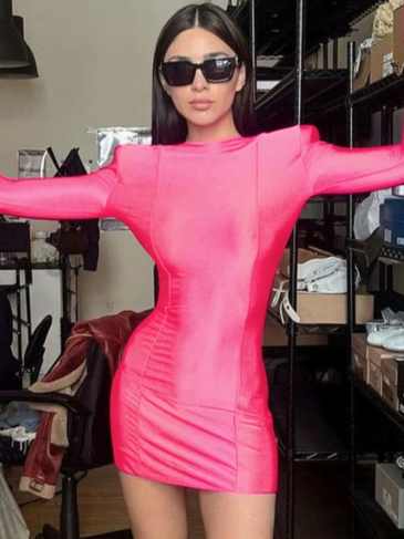 Solid O-neck Long Sleeve Party Dress With Gloves - Pink / s Stylord