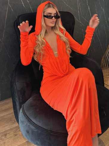 Solid Ruched Long Sleeve Deep v With Hat Dress - Orange / s Stylord