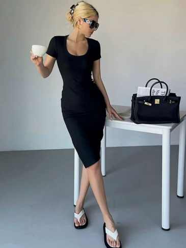 Solid Short Sleeve Bodycon Casual Midi Dress - Black / s Stylord