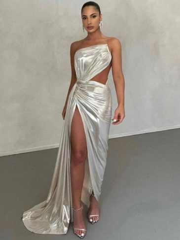 Spaghetti Strap Backless Sexy Elegant Slit Dress - Silver / s Stylord