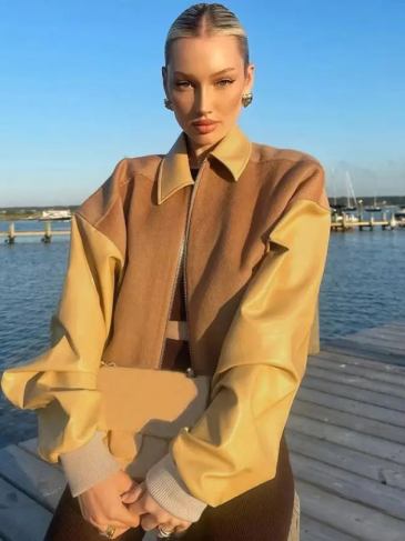 Spliced Turn Down Collar Pu Faux Leather Jacket - Yellow / s Stylord