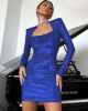 Square Collar Long Sleeve Mini Shiny Dress - Blue / s Stylord