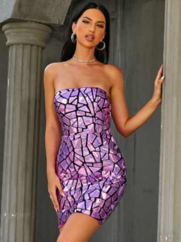 Strapless Backless Geometric Mini Evening Dress - Purple / s Stylord