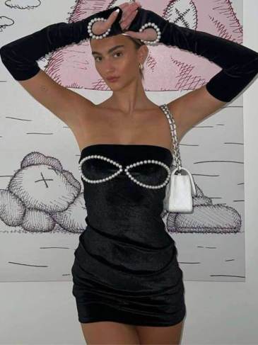 Strapless Pearl With Gloves Bodycon Black Dress - s Stylord