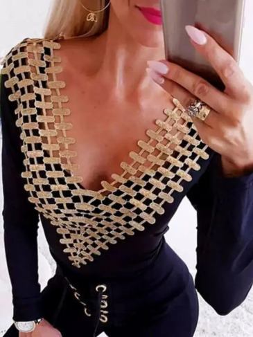 Stretchy Black & Gold Bodysuit - m Stylord