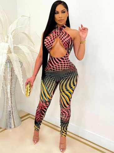Stripe Cut Out Halter Strap Sexy Jumpsuit - Multi / s Stylord