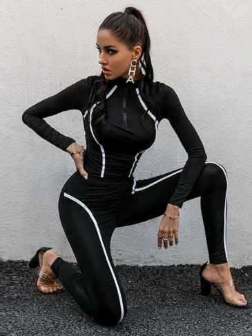 Stripe Patchwork Fitness Black Two Piece Set - Stylord