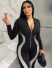 Striped Long Sleeve Zip Up Sexy Bodycon Skinny Jumpsuit - Black / s - Stylord