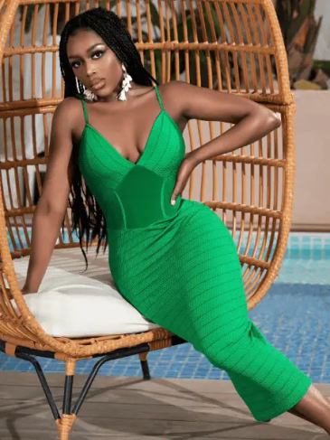 Striped Spaghetti Strap Mesh Panel Green Corset Dress - s Stylord
