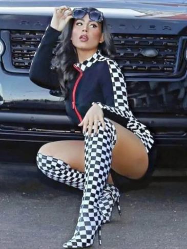 Stylish Checkerboard Racing Two Pieces Set - Black / s Stylord