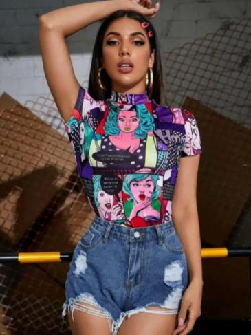 Stylish O-neck Pop Art Print T-shirt - Multi / s Stylord