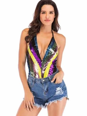 Summer Backless Shiny Sequin Bodysuit - Multi / s Stylord