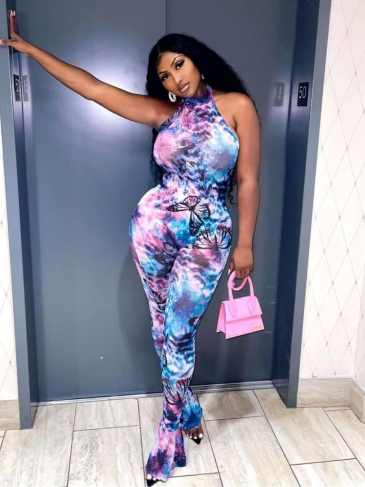 Summer Floral Print See Through Blue Jumpsuit - Stylord