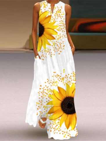 New Summer Sleeveless Print Beach Sun Dress - White / s Stylord