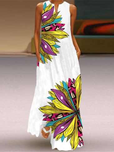 New Summer Sleeveless Print Beach Dress - White / s Stylord