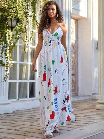 Summer Spaghetti Strap Holiday Beach Floral Print Maxi Dress - White / s Stylord