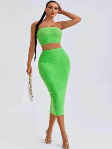 Textured Print Neon Green Tube & Skirt - s Stylord