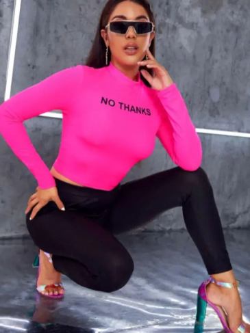 No Thanks Graphic Long Sleeve Crop Top - Pink / s Stylord