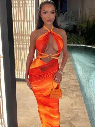 Tie Dye Lace Up Halter Hollow Out Backless Dress - Orange / s Stylord
