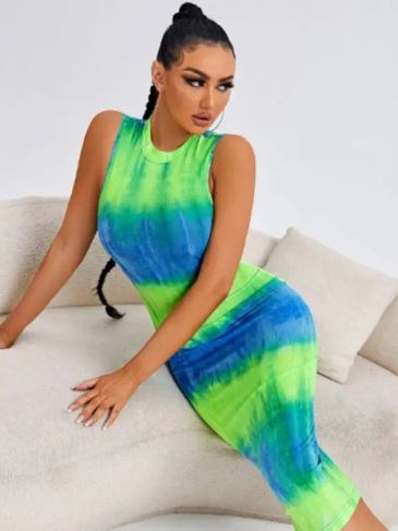Tie Dye Mock Neck Sleeveless Bodycon Dress - Green / s Stylord