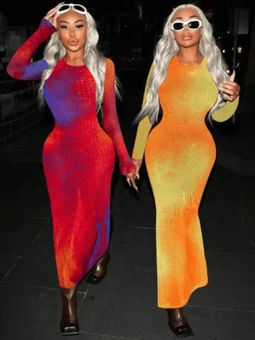 Tie Dye Print Long O-neck Elegant Maxi Dress - Stylord