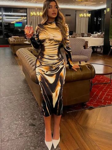 Tie Dye Print Long Sleeve Casual Dress - Yellow / s Stylord