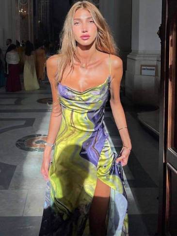 Tie Dye Print Slit Bodycon Elegant Dress - Green / s Stylord