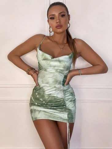 Tie Dye Ruched Sexy Mini Dress - Green / s Stylord