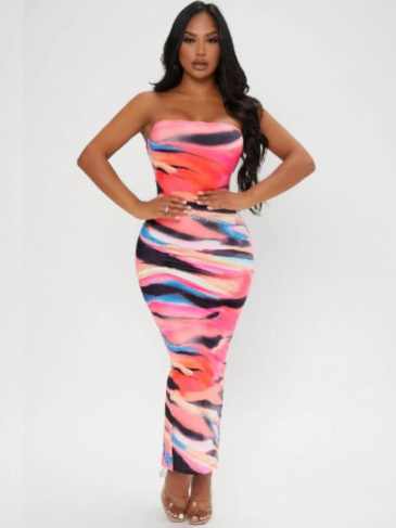 Tie Dye Split Back Tube Bodycon Midi Dress - Multi / s Stylord