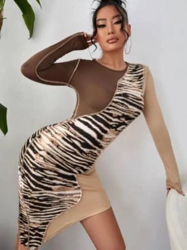 Tiger Long Sleeve Bodycon Midi Dress - Brown / s Stylord