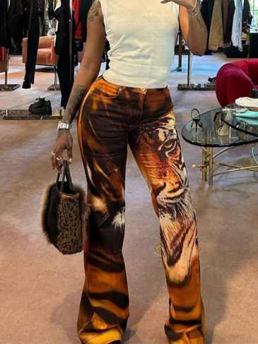 Tiger Print High Waist Fashion Pant - Brown / s Stylord