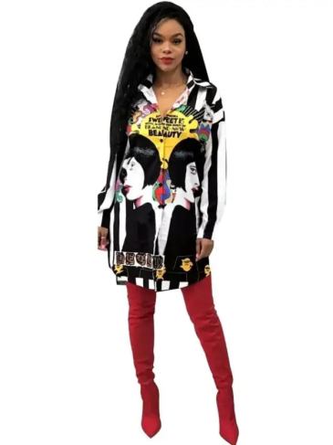Turn Down Collar Cartoon Shirt Dress - Multi / s Stylord