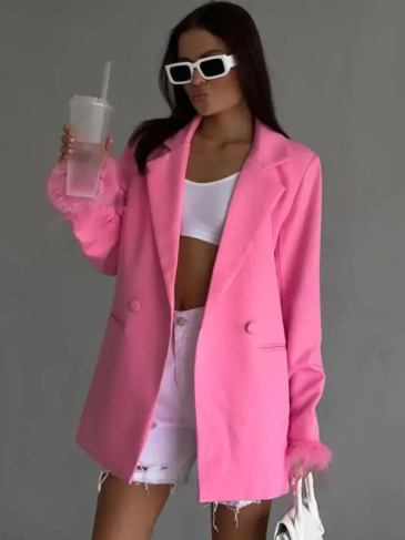 Turn Down Collar Deep v Feather Blazer - Pink / s Stylord