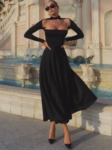 Turtleneck Hollow Out Long Sleeve Maxi Dress - Black / s Stylord