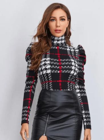 Turtleneck Long Sleeve Plaid Top - Black / s Stylord