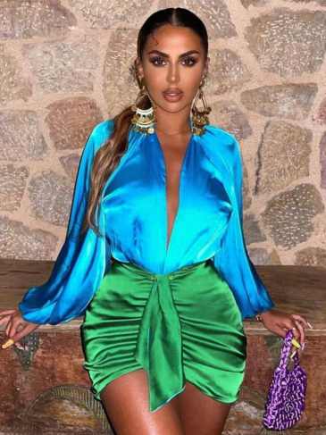 Two Piece Top & Skirt Set Satin Dress - Stylord