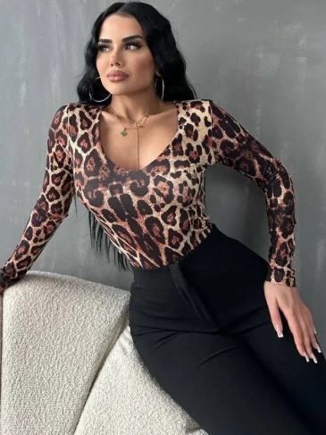 V-neck Leopard Print Long Sleeve Bodysuit - Brown / s Stylord