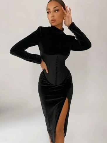 Velvet With Inner Corset Shoulder Pads Midi Dress - Black / s Stylord