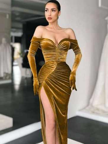 Velvet Ruched Long Sleeve Bodycon Midi Dress - Yellow / s Stylord