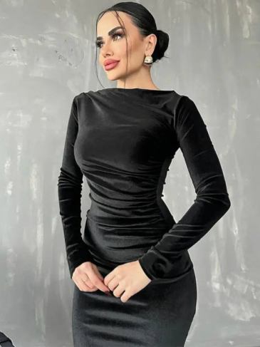 Velvet Solid Long Sleeve O-neck Midi Dress - Black / s Stylord