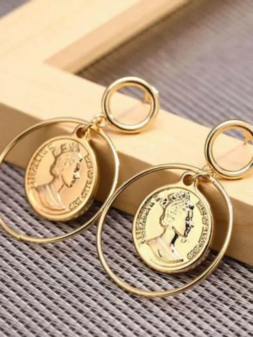Vintage Avatar Coin Metal Drop Earrings - Gold Stylord