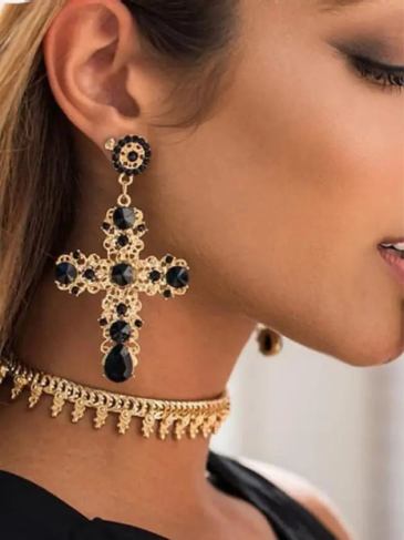 Vintage Boho Crystal Hollow Cross Drop Earrings - Gold Stylord