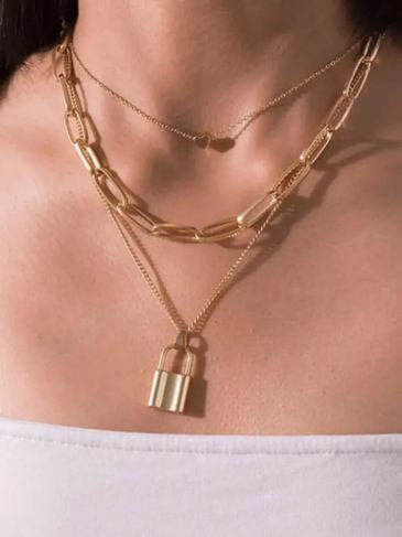 Vintage Chain Heart Lock Multi-layered Necklace - Gold Stylord