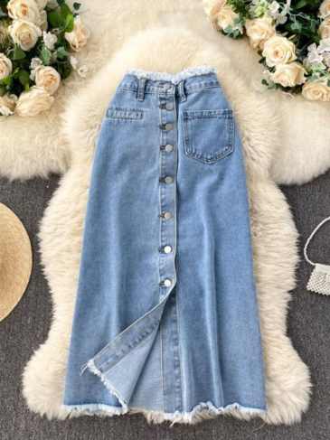 Vintage Raw Edge High Waist Slim Midi Skirt - Blue / s Stylord