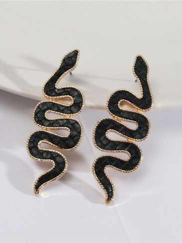 Vintage Leather Shell Snake Shaped Stud Earrings - Black Stylord