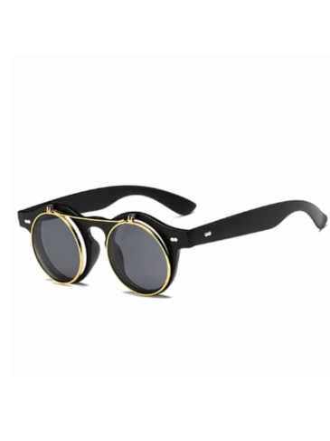 Vintage Round Steampunk Flip Up Sunglasses - Black Stylord