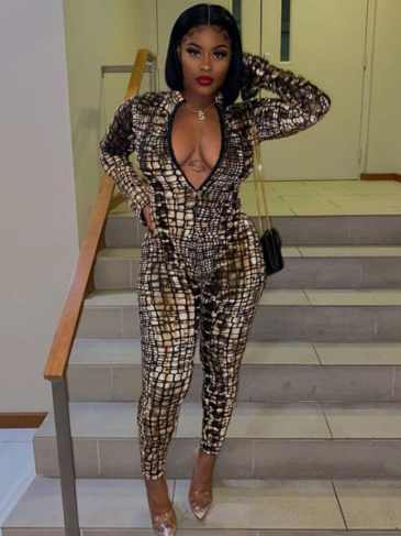 Vintage Snakeskin Printed Long Sleeve Jumpsuit - Brown / s Stylord