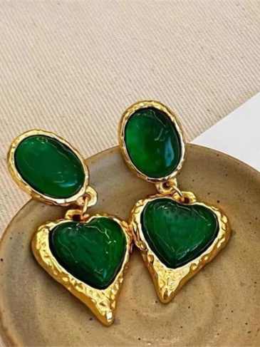 Vintage Statement Baroque Big Love Heart Earrings - Green Stylord