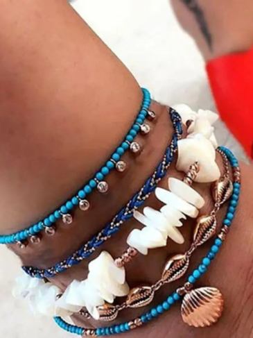 Vintage Stone Beads Shell Anklet Bracelet - Blue Stylord