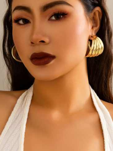 Vintage Striped Metal Hoop Earrings - Gold Stylord